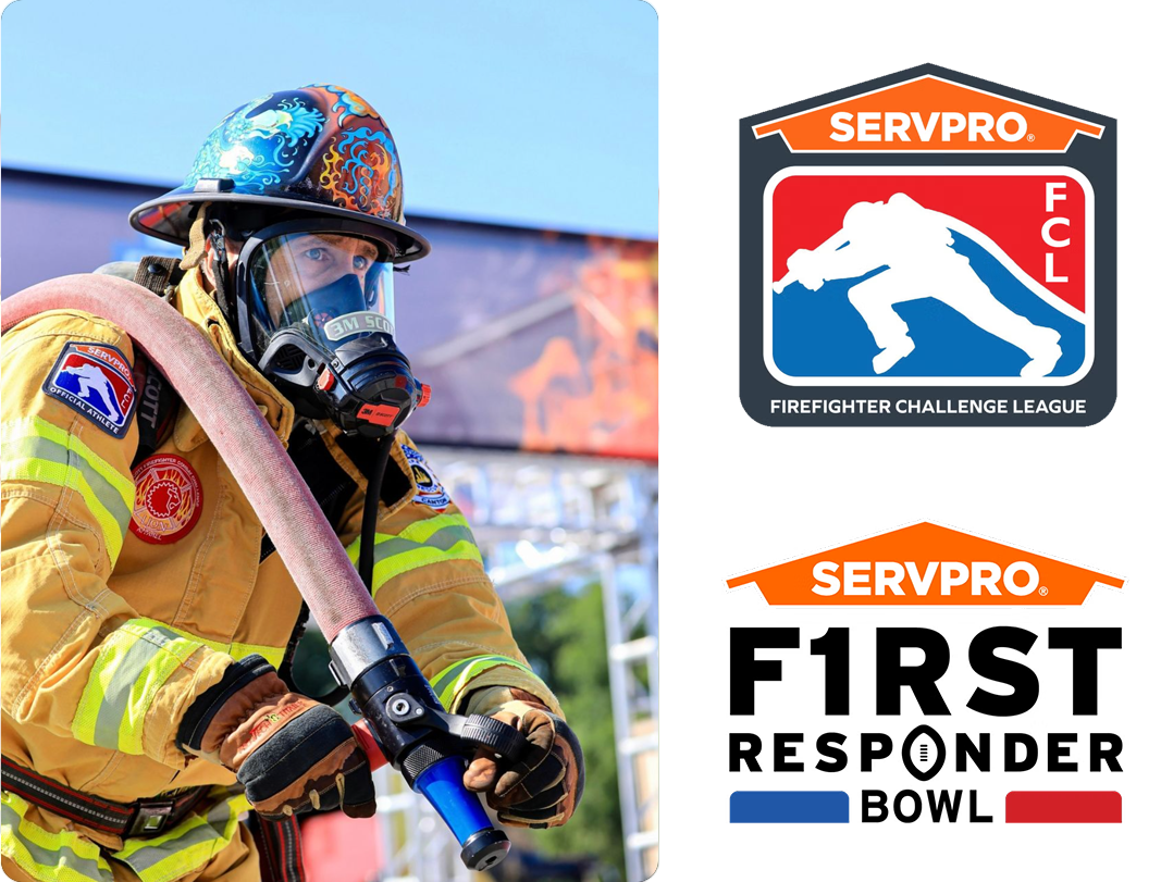 A firefighter in full gear and respirator mask holding a hose during an active competition, alongside the logos for the SERVPRO Firefighter Challenge League (FCL) and the SERVPRO First Responder Bowl.